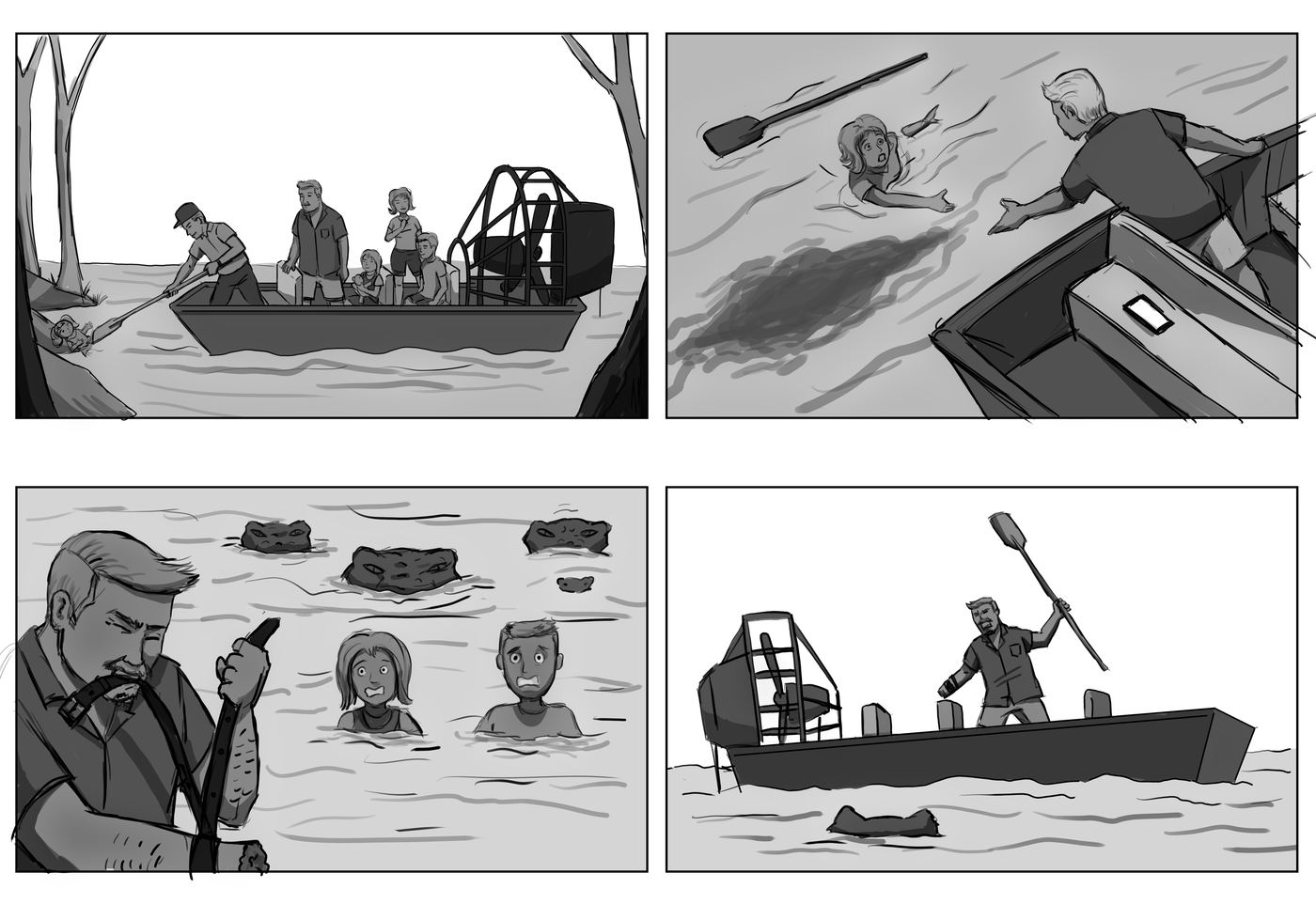 Four-panel storyboard: the Taft family's airboat in the swamp, the doll, the attack