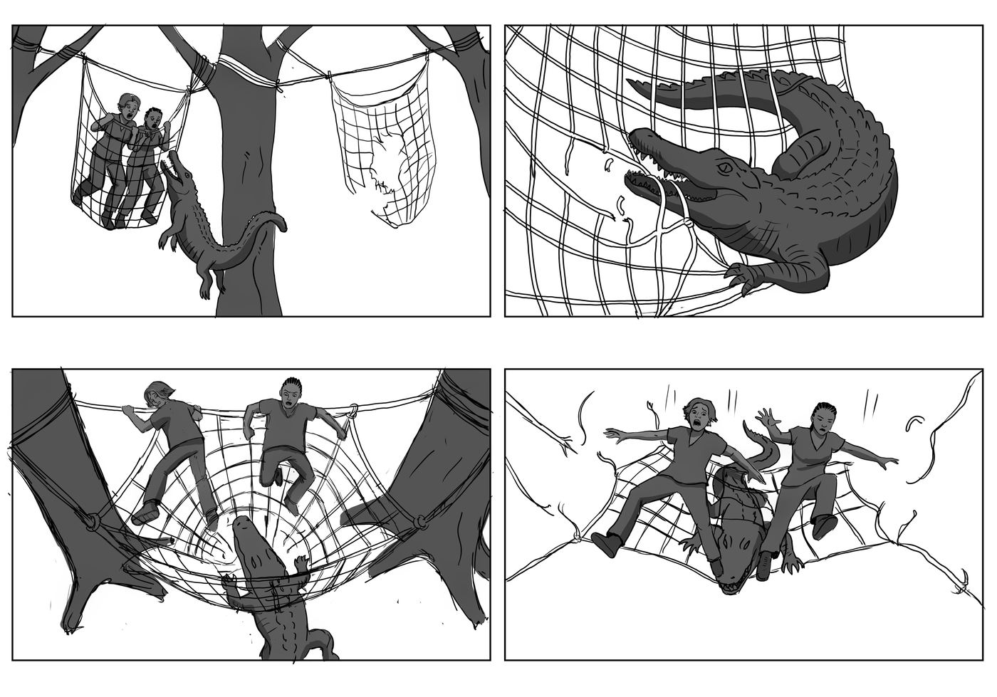 Four-panel storyboard: escape through the rope nets