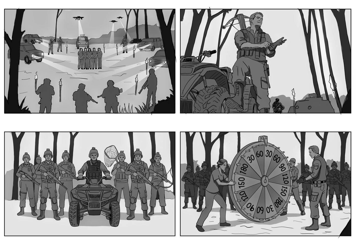 Four-panel storyboard: the women detainees and the prize wheel